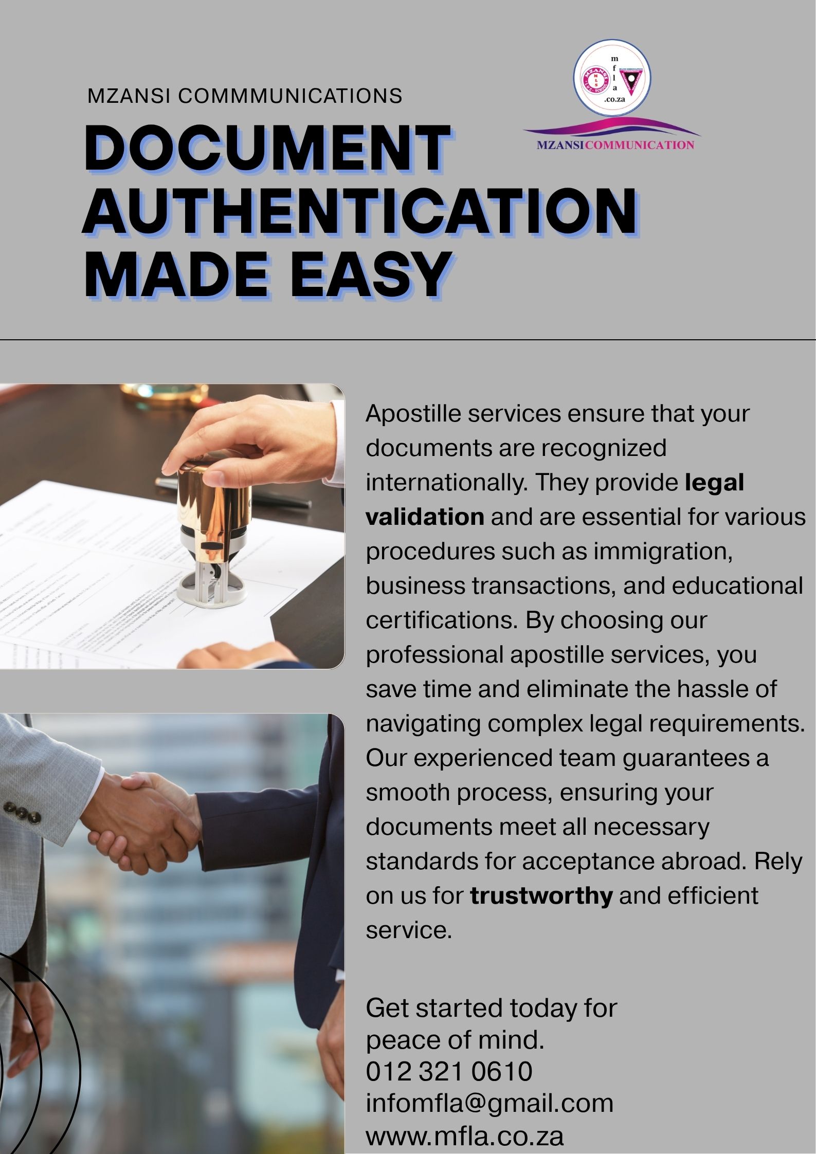 We help you certify, legalize, and authenticate your documents for local or international use. Whether it’s for immigration, work, study, or legal purposes – we make the process smooth and stress-free.  ?? Trusted by individuals & businesses in South Africa ?? Apostilles, Notarisation, Embassy Attestation & more  ?? Contact us today to get your documents verified with confidence!